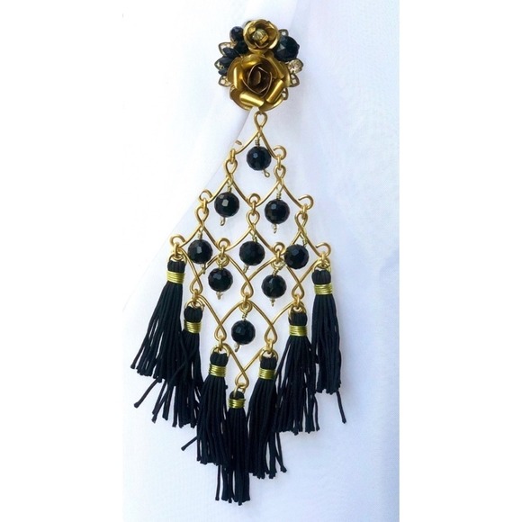 Statement Earrings Black Beaded Tassel Dangle Clip On Gold Rose Party - Picture 2 of 6